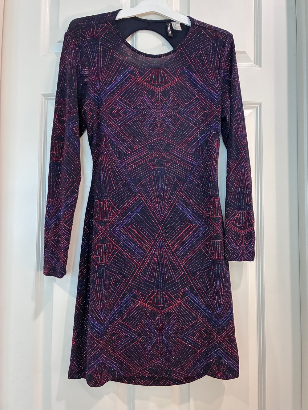 H&M Long-Sleeve Geometric Fit-and-Flare Dress in Purple‎ and Pink